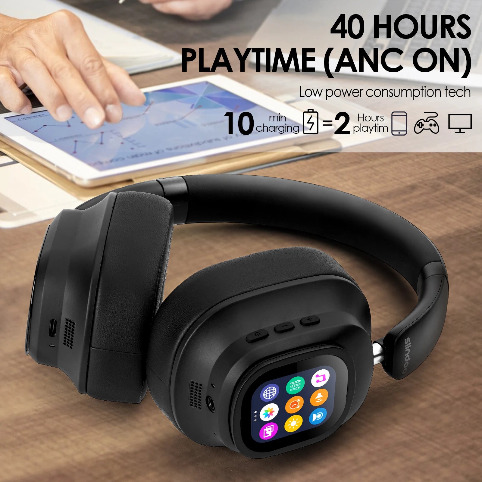 Active Noise Cancelling Headphones, Hybrid Wireless Headphone With Multi Magnetic Touch Control LED Screen📲
