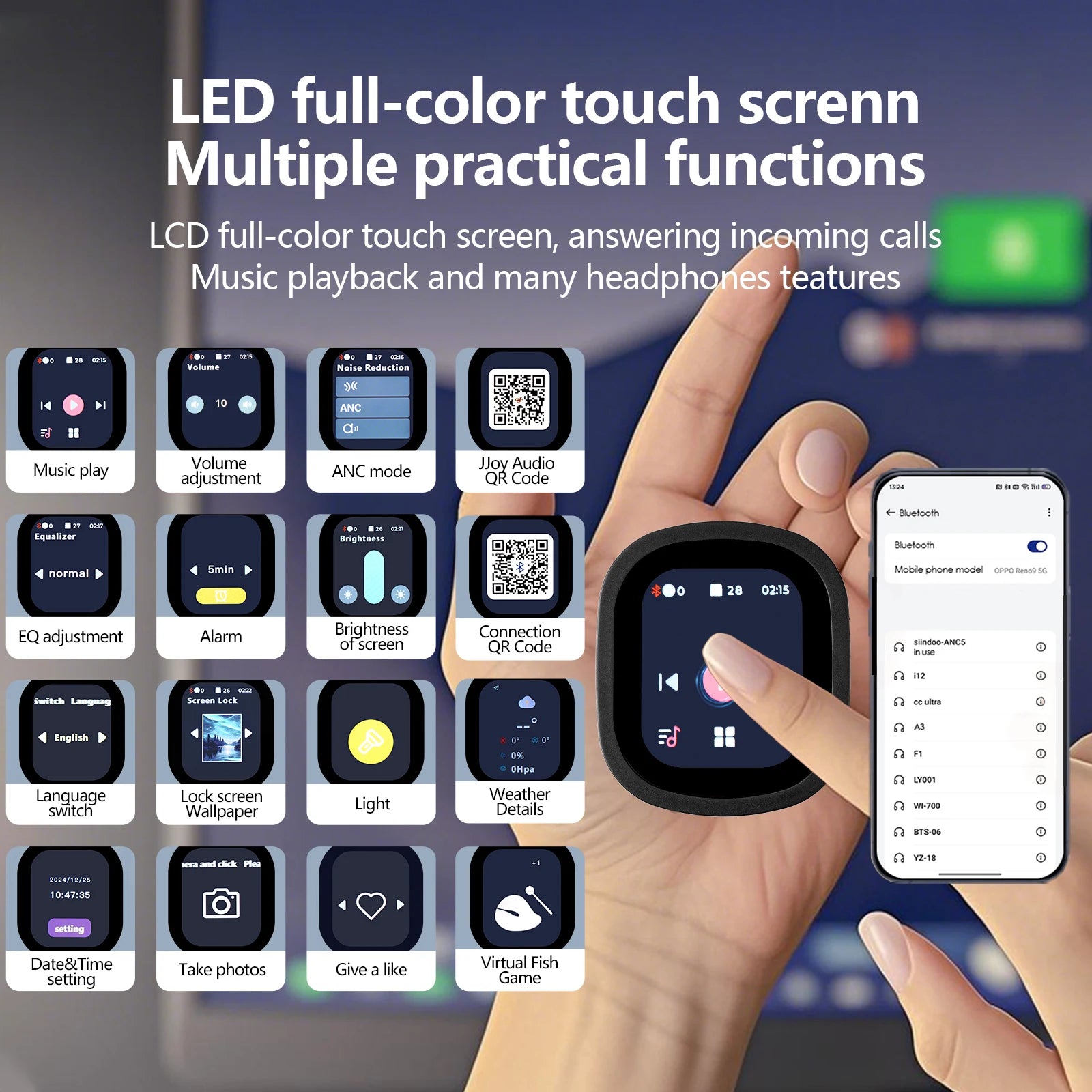 Active Noise Cancelling Headphones, Hybrid Wireless Headphone With Multi Magnetic Touch Control LED Screen📲